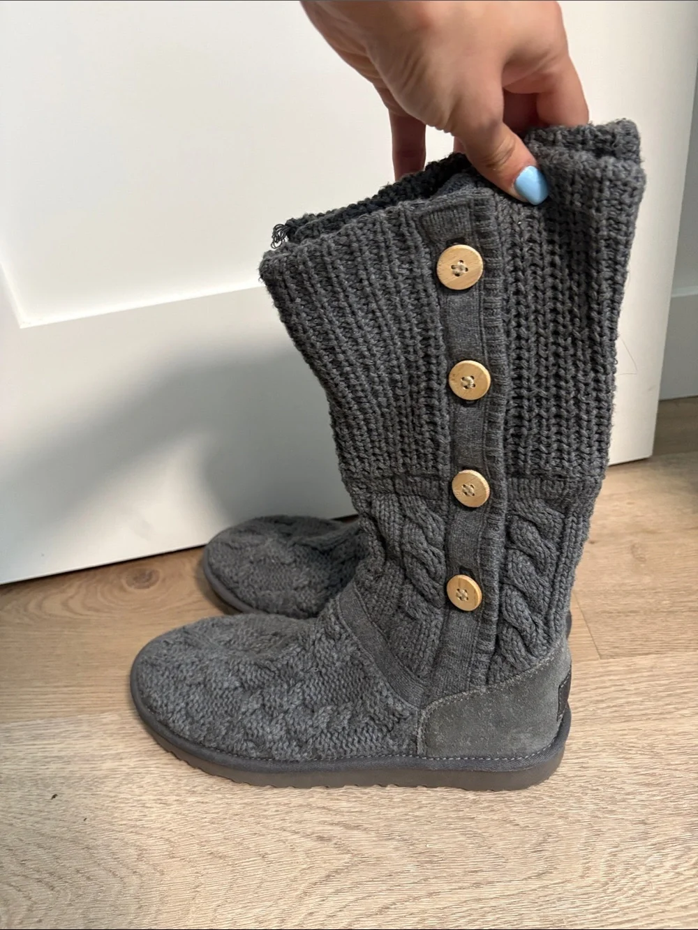 UGG Gray Knit Button Mid-Calf Winter Boots